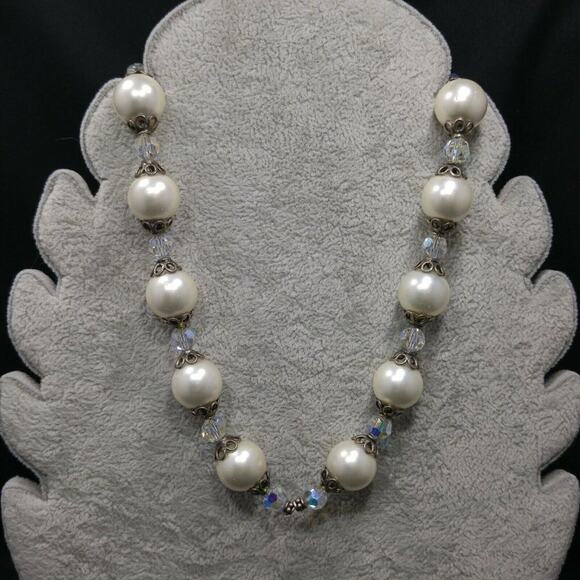 Vintage Glass Pearls Crystal Beaded Necklace, Silver Clasp, Strung on Wire, 17" - Picture 2 of 11